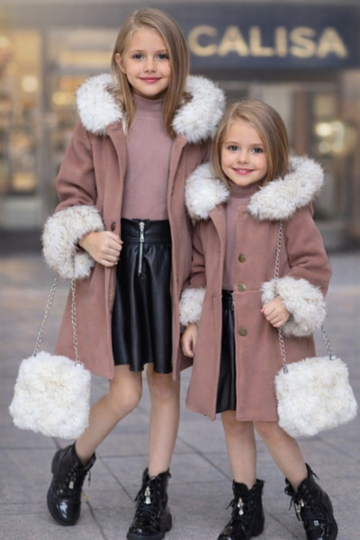 Alisa Can Kids Store Girl's Leather Skirt, Plush Bag, Wool Sweater, Cashew Coat Suit Clothing