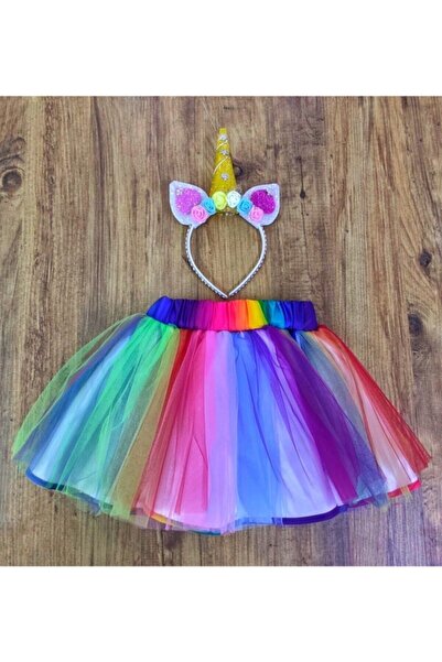 Nacar Kız Çocuk Rengarenk Tütü Astarlı Etek Ve Unicorn Tacı