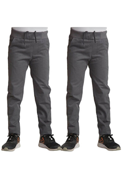 Nacar Unisex Çocuk Rahat Kalıp Ribana Bel Canvas Keten Okul Pantolonu 2 Adet