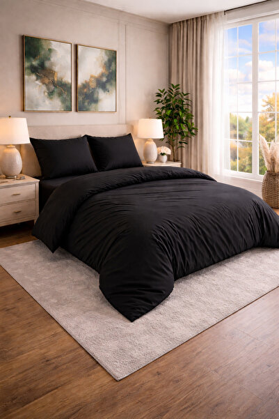 HOMENUP 150X200 Solid Color Double Duvet Cover Set with Elastic Sheet Black