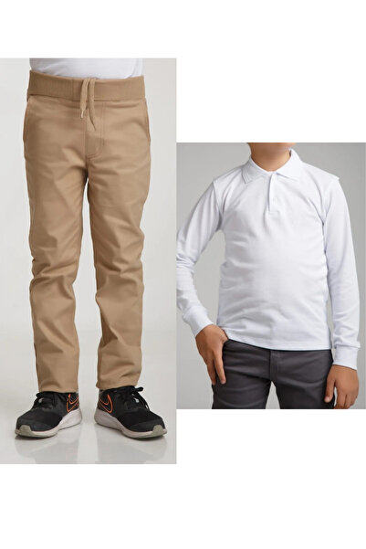 Nacar Unisex Çocuk Ribana Bel Keten Bej Okul Pantolonu + Polo Yaka Uzun Kol T...