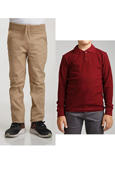 Nacar Unisex dečije riblje lanene bež školske pantalone + polo majica sa dugi...