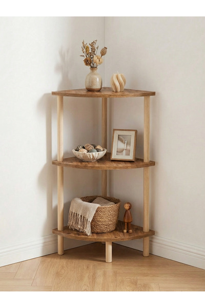 Pratico Ovalis Atlantik Çam Ahşap Köşeli Çok Amaçlı Raf Köşe Yan Sehpa 3 Katlı