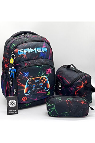 Bevitton Siyah ilk Okul Çantası 3'lü Seti Erkek Çocuk ilkokul Çantası Karakte...