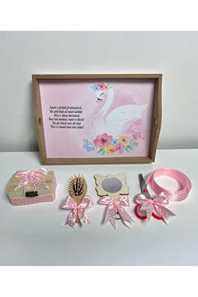 Botez Set tavita pentru taiere mot/turta – lebada -roz, 6 piese