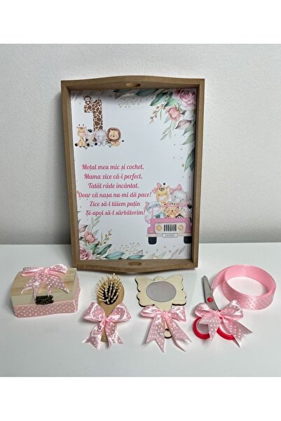 Botez Set tavita pentru taiere mot la fetite- animalute roz, 6 piese