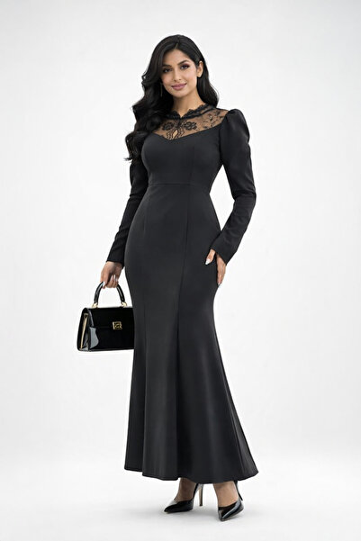 Stylish فستان طويل مزين بالدانتيل وقصة أكمام ناعمة