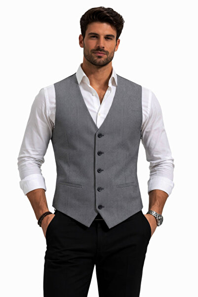 MENTOR REGALO Men's Vest U-Collar Gray Striped 50642