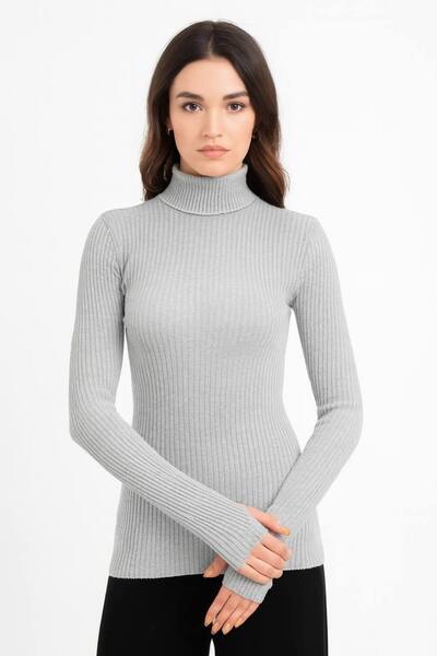ALDAYER Turtleneck Ribbed Pullover with Finger Loop Sleeve Detail