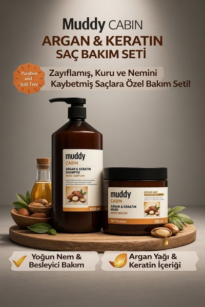 Muddy Cabin Argan & Keratin Shampoo 1000 ml Cabin Argan Ve Keratin Mask 500 ml