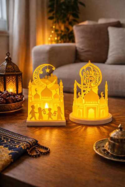 Arvona Home 2’li Set Işıklı Ramazan Dekoru Hilal ve Cami Figürlü Pilli Masa L...