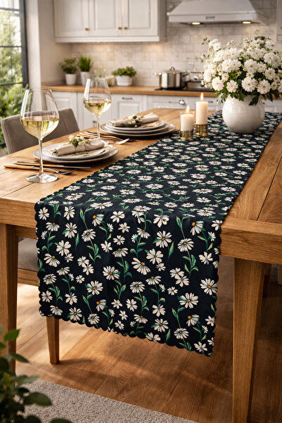 SasoHome Bahar Papatyaları Desenli Kaliteli Kadife Kumaş 45x140 Cm Dekoratif - Hediyelik Runner