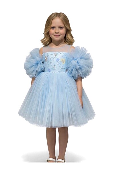 Ceylin Fashion Βραδινό φόρεμα για κορίτσια με μανίκια πομπόν, τιράντες και φο...