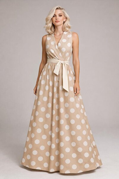 ALYEL NAKER Beige Maxi Sleeveless Dress with White Polka Dot Detail