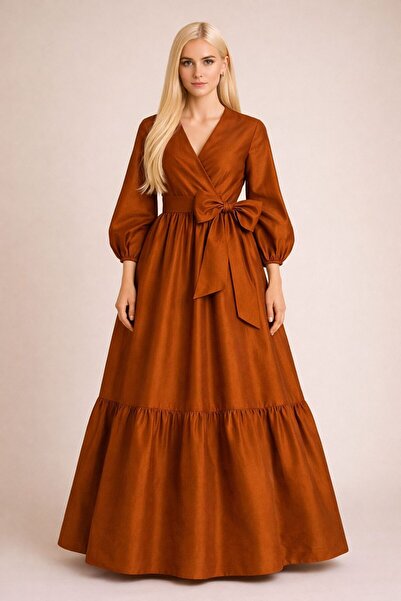 ALYEL NAKER فستان طويل من التفتا بأكمام بالون، بأزرار على الجهتين أزرار وتفاص...