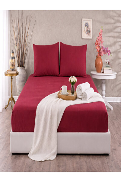 vionetta Ranforce 100% Cotton Claret Red Elastic Sheet Set with Pillowcases