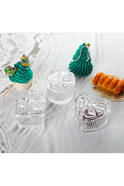 PEKİBU 3'LÜ FİYONK MODEL KAPAKLI CAM KUTU ŞEKERLİK KARE-YUVARLAK-KALP