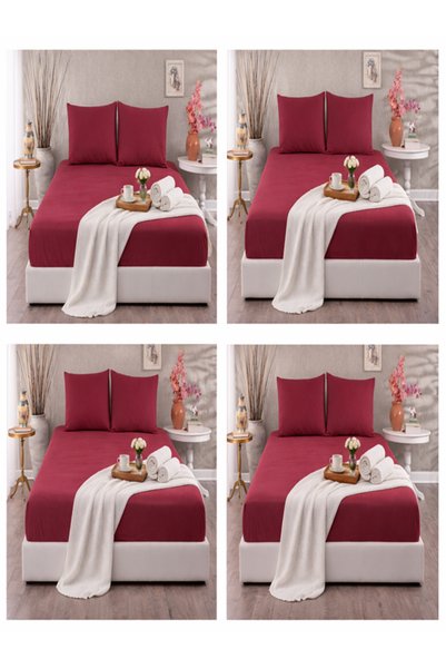 vionetta Ranforce 100% Cotton Claret Red Elastic Sheet Set with Pillowcases