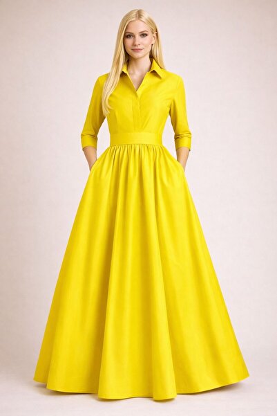 ALYEL NAKER Tam Daire Açılımlı & Kuşaklı Maxi Boy Şık Tafta Gömlek Elbise