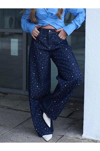 MADAMMERY Blugi pentru femei, albastru bleumarin, cu strasuri strălucitoare