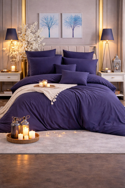 vionetta Ranforce 100% Cotton Solid Color Navy Blue Double Duvet Cover Set wi...