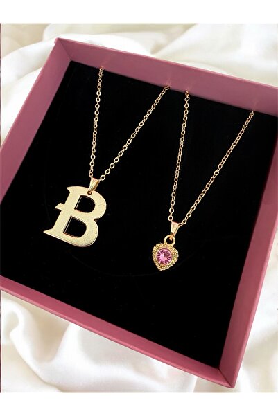 Madam Bikan Gold Renk Çelik B Harfi Pembe Kalp 2 Li Kombin Harf Kolye