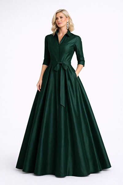 ALYEL NAKER Truvakar Kollu & Tam Daire Açılımlı Maxi Boy Şık Tafta Gömlek Elbise