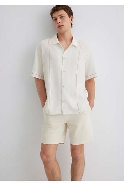 Mavi Keten Karışımlı Ekru Gömlek Loose Fit / Bol Rahat Kesim 0211597-70058