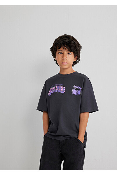 Mavi Minecraft Baskılı Antrasit Tişört Oversize / Geniş Kesim 6610379-70087