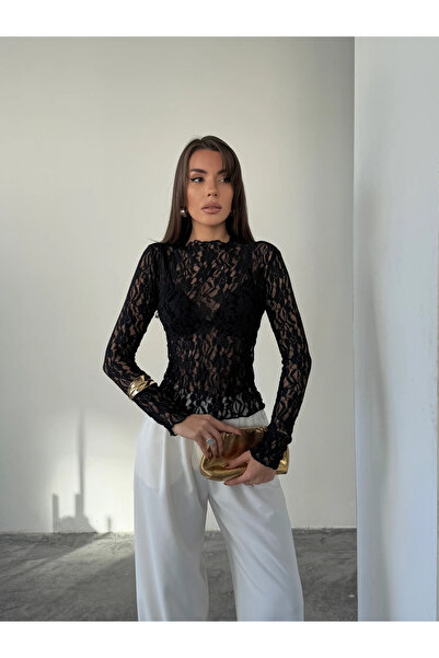 mydukkan.co بلوزة دانتيل بياقة عالية - أسود