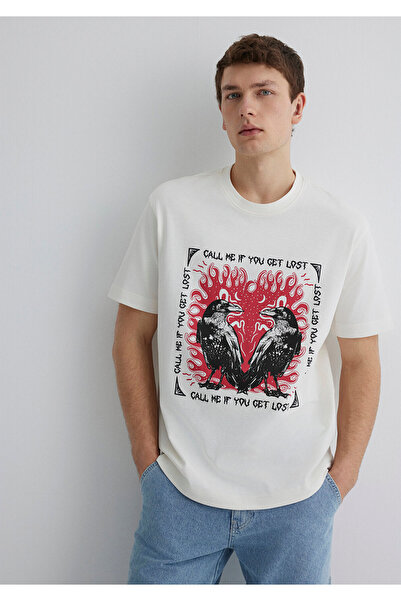 Mavi Bedrucktes Ecru-T-Shirt mit lockerer Passform / lockerer, bequemer Schni...