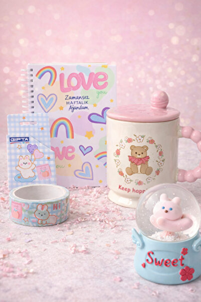matheon Pembe Kawaii Hediye Seti | Ajanda, Tavşan Figürlü Kupa, Kar Küresi ve...