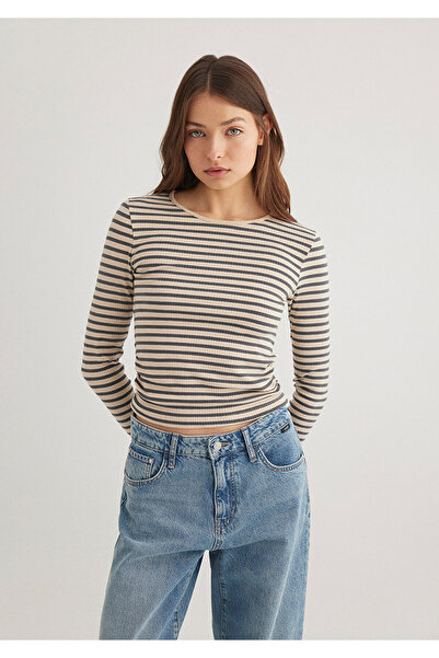 Mavi Çizgili Bej Tişört Slim Fit / Dar Kesim 1612648-88032