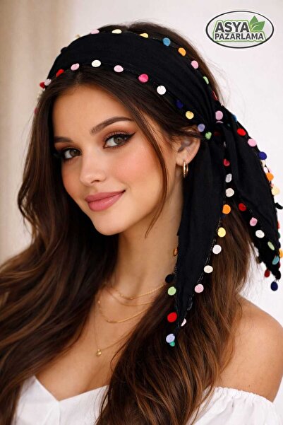 ASYA PAZARLAMA Karadeniz Siyah Renkli Boncuklu Keşan, Siyah Fular, Şal, Atkı,...