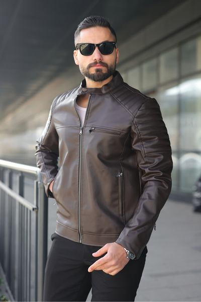 Mero Life سترة جلدية بنية ضيقة للرجال
