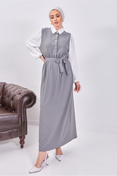 TRENDTESETTÜR KADIN GRİ KUŞAKLI ÇİZGİLİ ELBİSE T 6093