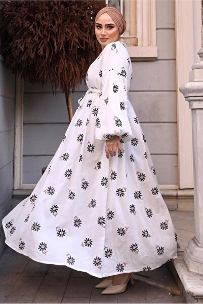 TRENDTESETTÜR KADIN Ekru ÇİÇEK DESENLİ ELBİSE T 70532