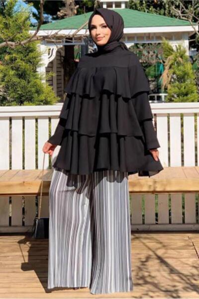 TRENDTESETTÜR KADIN SİYAH VOLANLI TUNİK 3542
