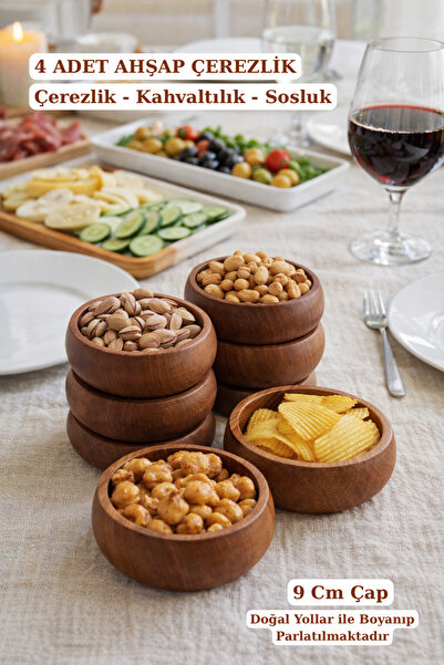 Genel Markalar Doğal Ahşap Çerezlik Kase 9 cm Çap 4 Adet