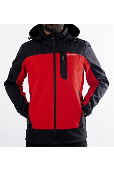 SNOWMOUNT Siyah Kırmızı Renk Softshell Sök Tak Kapüşonlu Polarlı Kışlık Mont