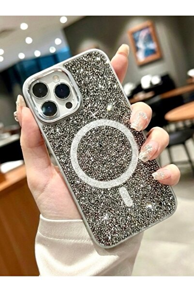 İtarz iphone 12 ProMax Uyumlu Gri Lüks MagSafeli Premium Kristal Taşlı Işıltı...