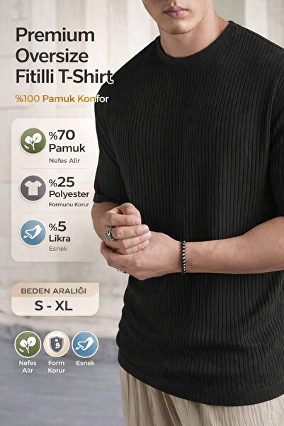 SKYBEAR Siyah Oversize Fitilli %100 Pamuk Comfort Bol Kesim Bisiklet Yaka Pre...