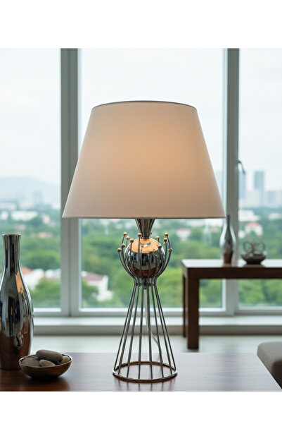 365GUNSERİSONU مصباح طاولة عاكس الضوء ذو الساق المعدنية المطلية بالكروم مع قب...