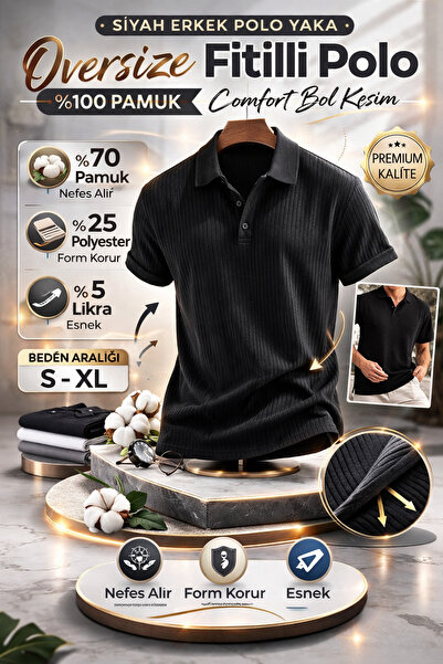 SKYBEAR Siyah Erkek Polo Yaka Oversize Fitilli %100 Pamuk Comfort Bol Kesim B...