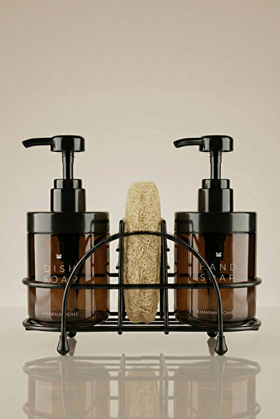 KHAKMA Amber Renk 2’li Cam Sabunluk Seti – Siyah Metal Standlı | El ve Bulaşı...