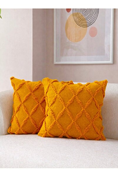 SWITA غطاء وسادة من الكتان بلون الخردل مقاس 43x43 - نقاط زخرفية مزدوجة