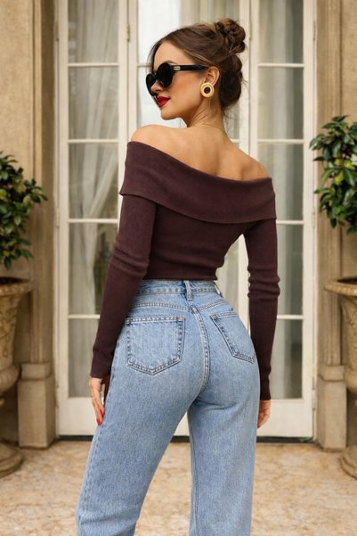 Celiora Women's Boat Neck Off Shoulder Ribbed Knitwear Blouse Long Sleeve Slim Fit Basic Daily Stylish 8 Colors