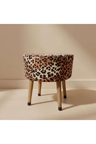 ustaagac Leopar Desenli Dekoratif Puf | Ahşap Ayaklı Salon & Makyaj Odası Otu...