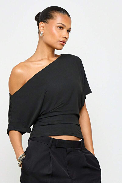 ecemore Waist-Tied Boat Neck Wide Sleeve Natural Viscose Blouse