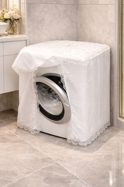 DİLEX Beyaz Çamaşır Makinesi Örtüsü Dantel Kenar Gri Süs